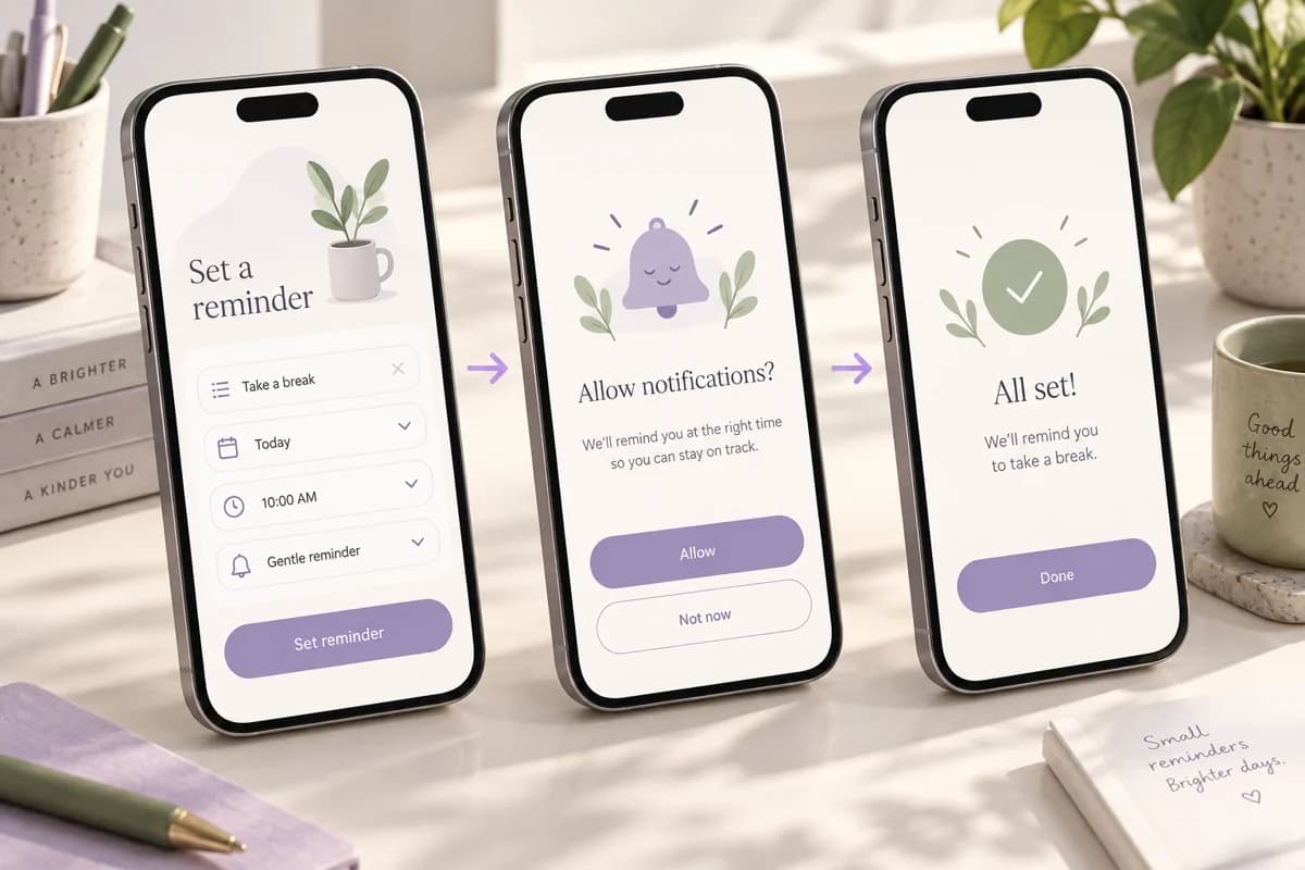 Three illustrative reminder-app screens: create a reminder, request notifications, and confirm setup.
