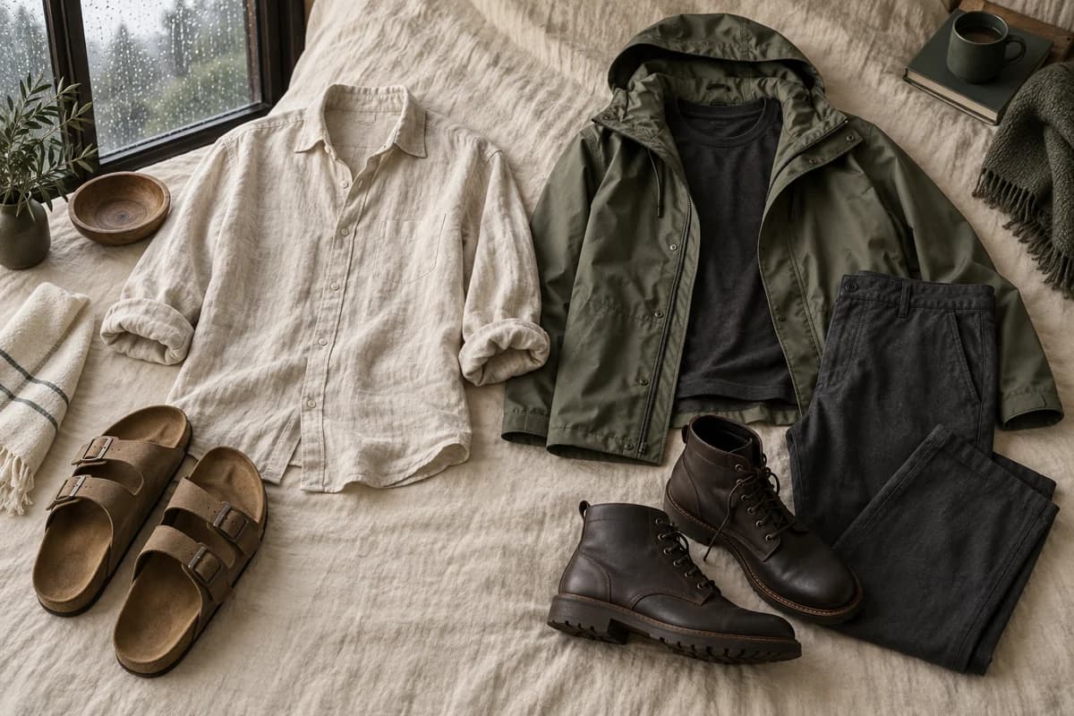 Two outfits laid out side by side: a light shirt with sandals, and a jacket with boots.