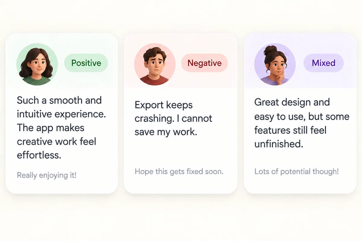 Illustrative product reviews grouped by sentiment.