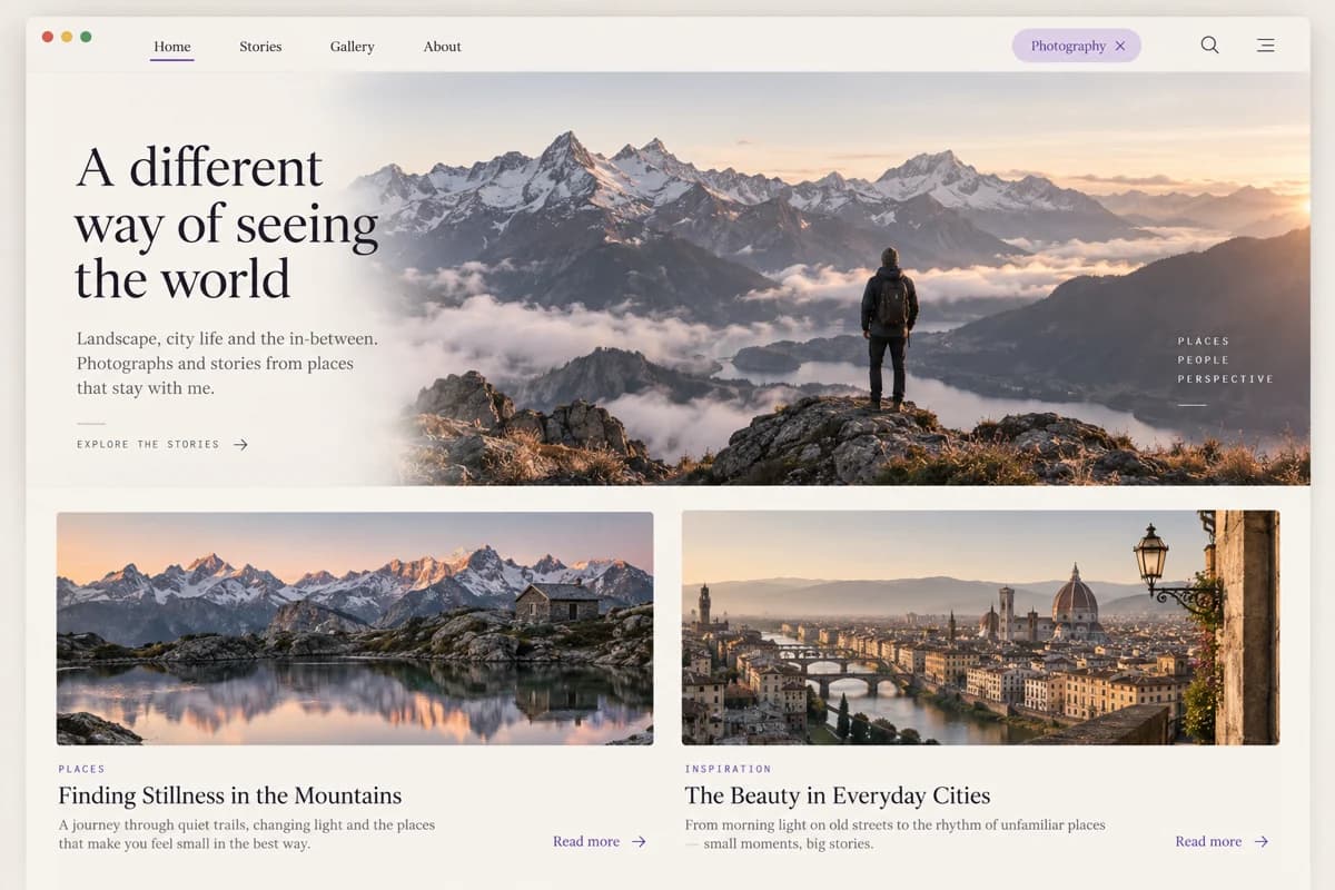 Illustrative travel website with mountain and city stories beneath a featured landscape.